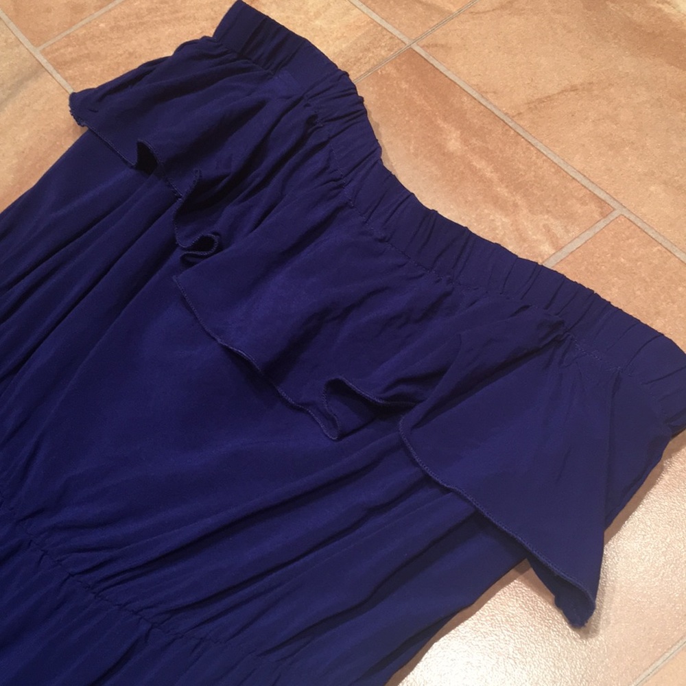 Women's Dark Blue Casual High Low Long Strapless Ruffle Maxi Dress - Picture 3 of 5